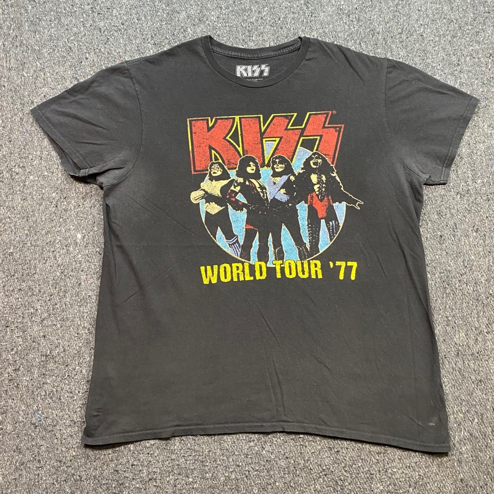 KISS World Tour 77 TShirt Sz L Mens Black Rock Band Graphic Retro Concert Tee